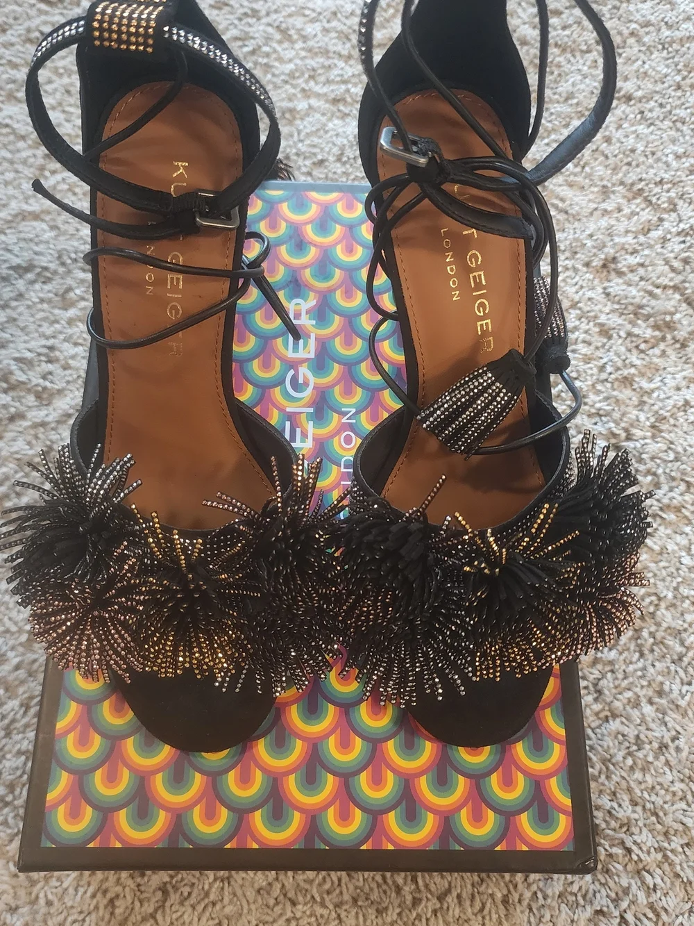Kurt Geiger Black Pom-Pom Embellished Lace-Up Heels - Picture 4 of 11